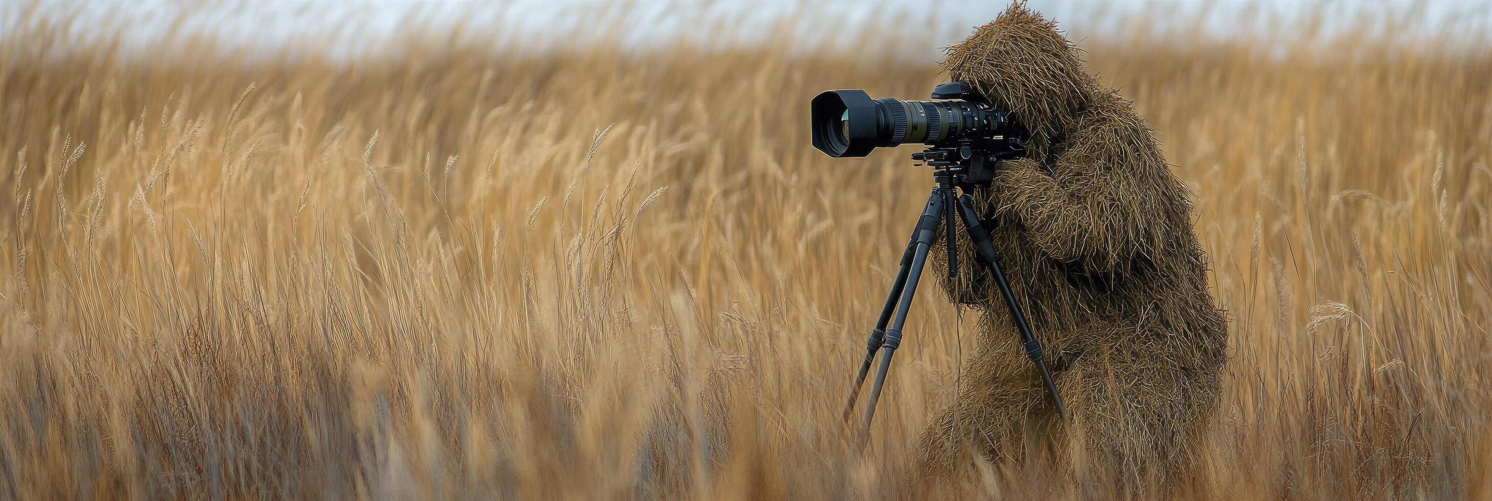 A man in a furry suit is taking a picture in tall grass photo