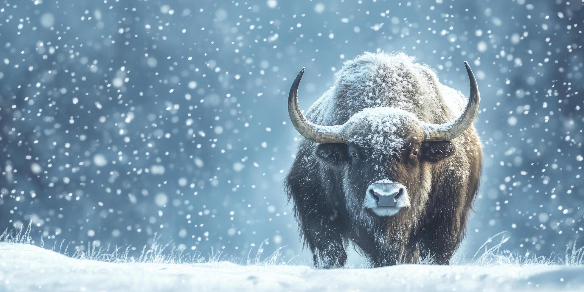 A large bison standing in the snow photo