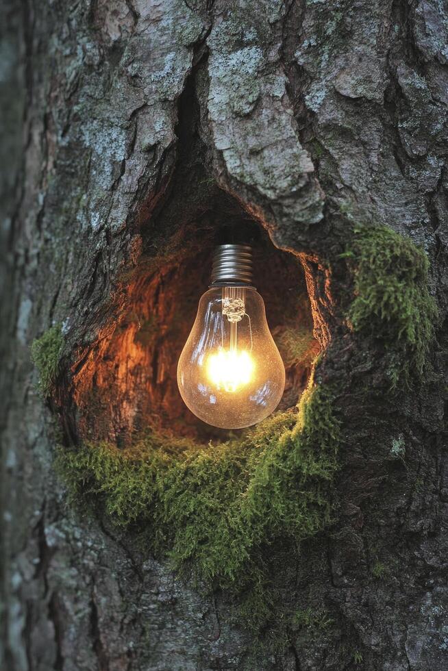 A light bulb is shining through a hole in a tree photo