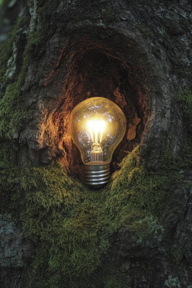 Light bulb in a tree hole photo