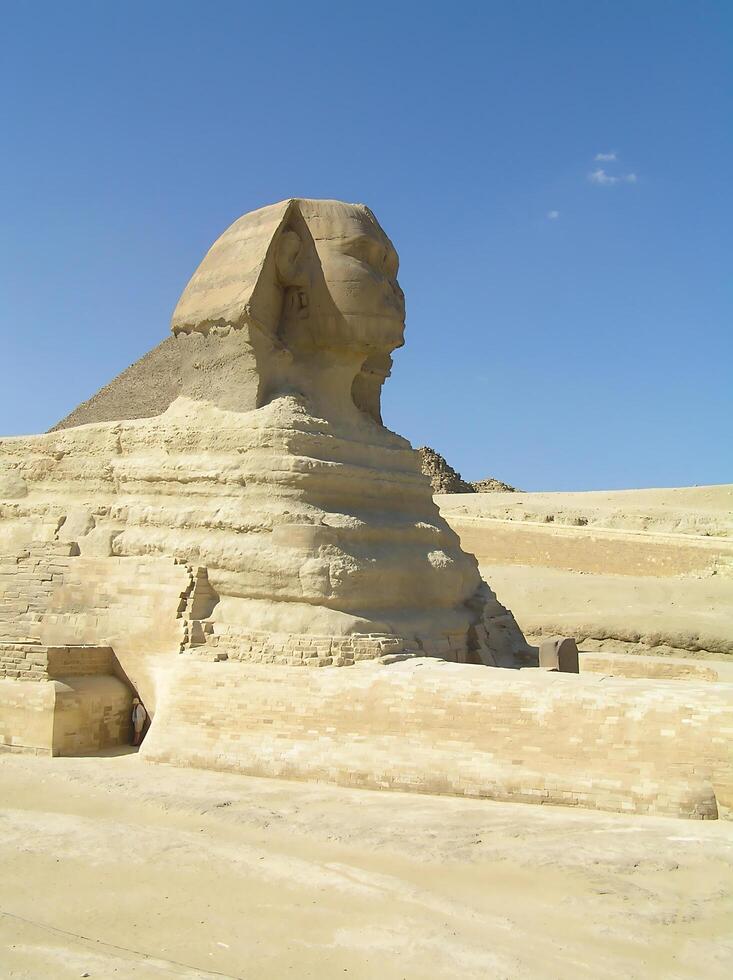 The legendary Great Sphinx of Giza, carved from limestone, stands majestically against the vast Egyptian desert photo