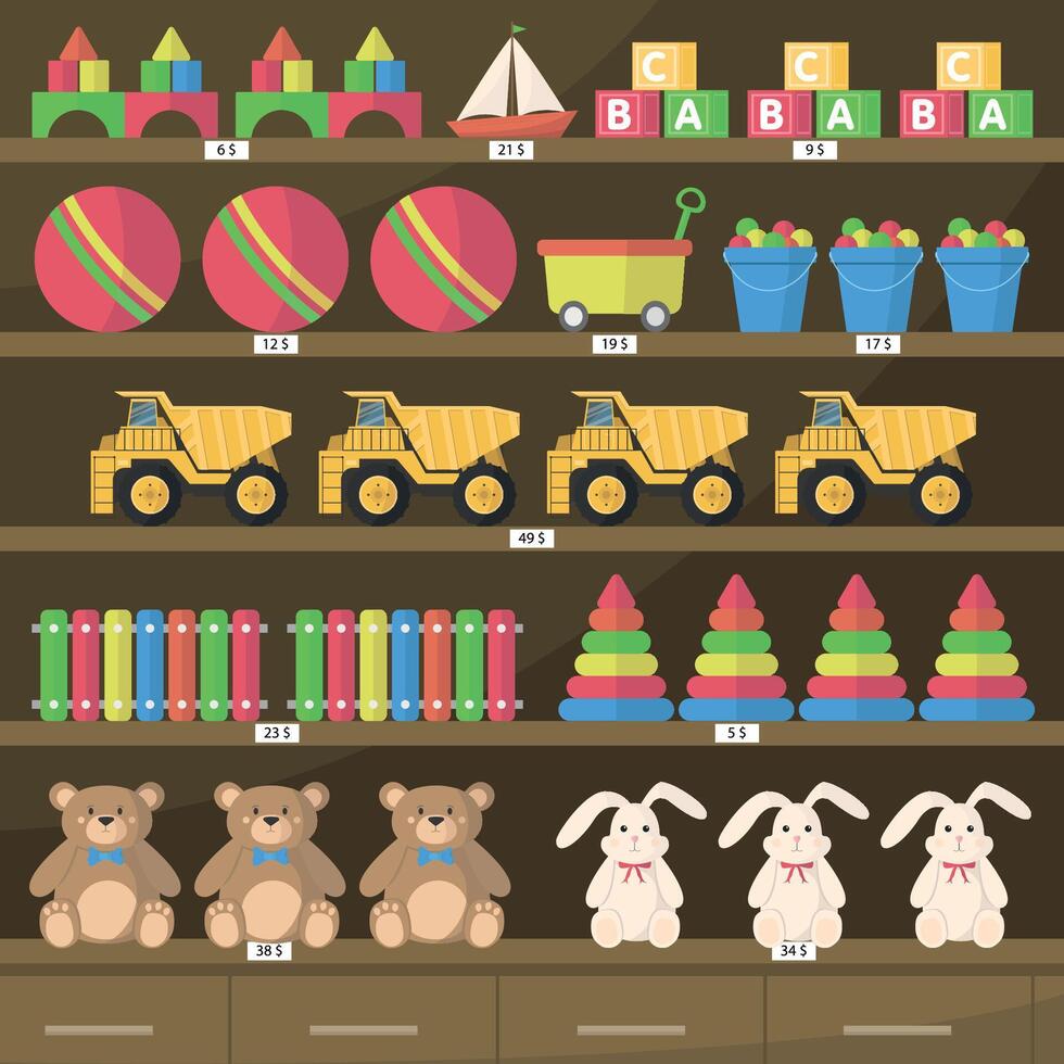 Shelves with toys, prices on a dark background. Toys for a boy, a girl. Toys for a children's party. vector