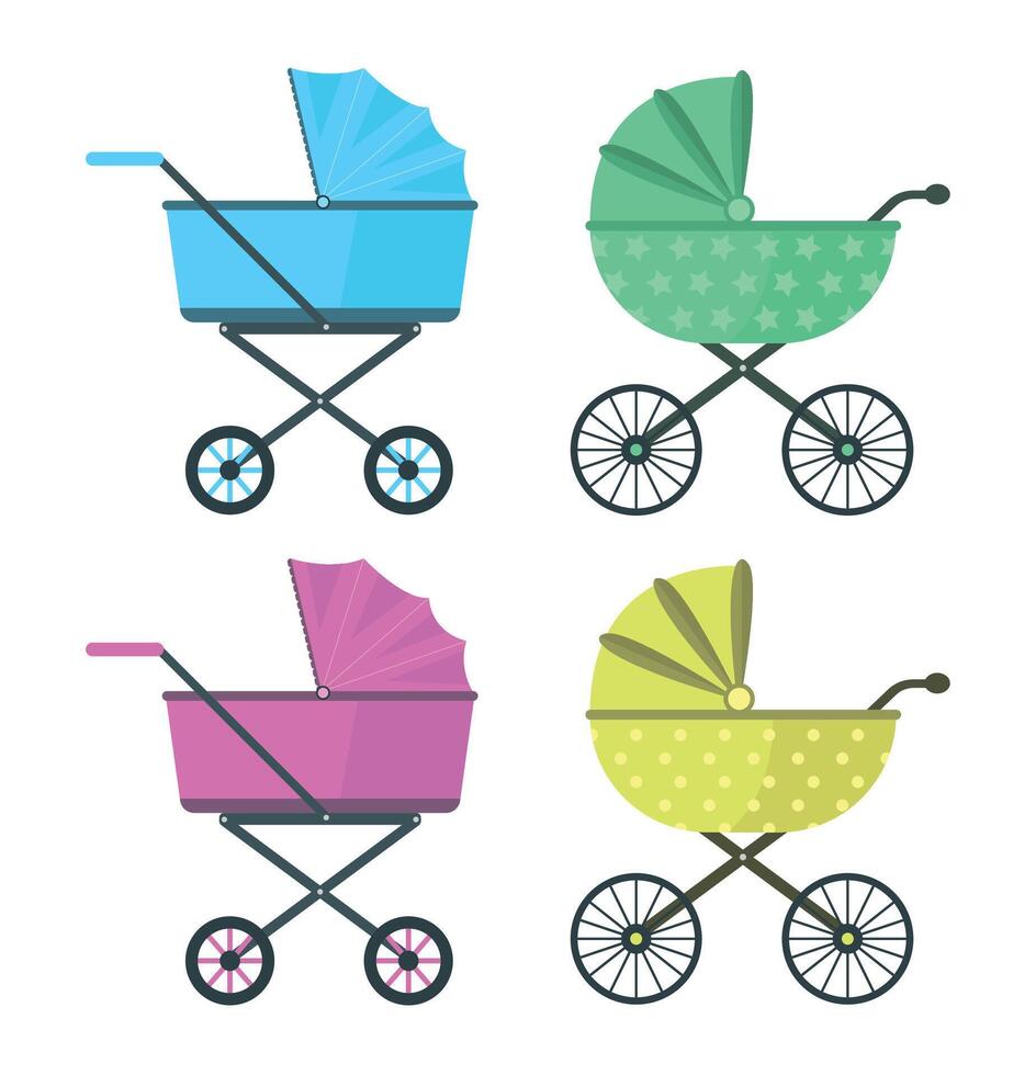 Set of baby carriage icons on white background. Vintage and modern baby carriages. Transport. vector