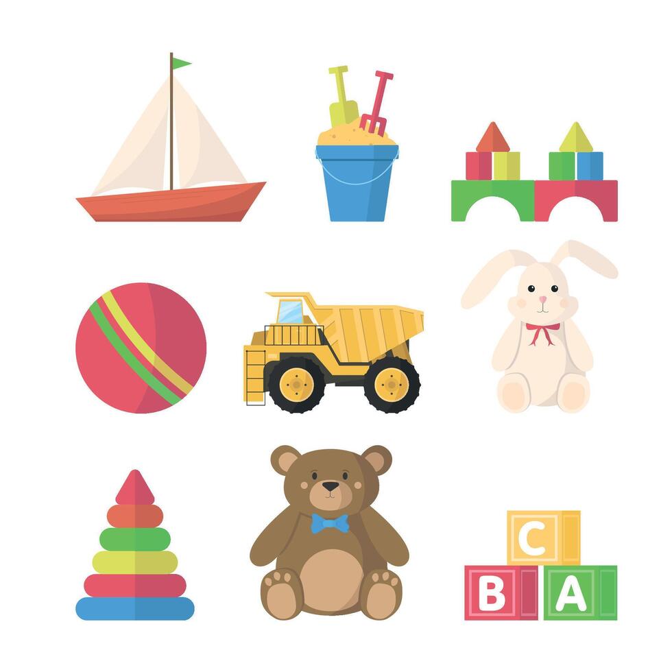 Set of icons of children's toys. Plastic and soft toys for children of different ages. vector