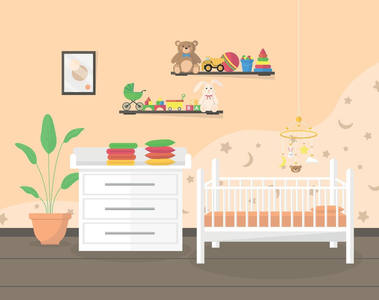 Interior of a children's room with star wallpaper, furniture, toys. Room for a boy or a girl. vector