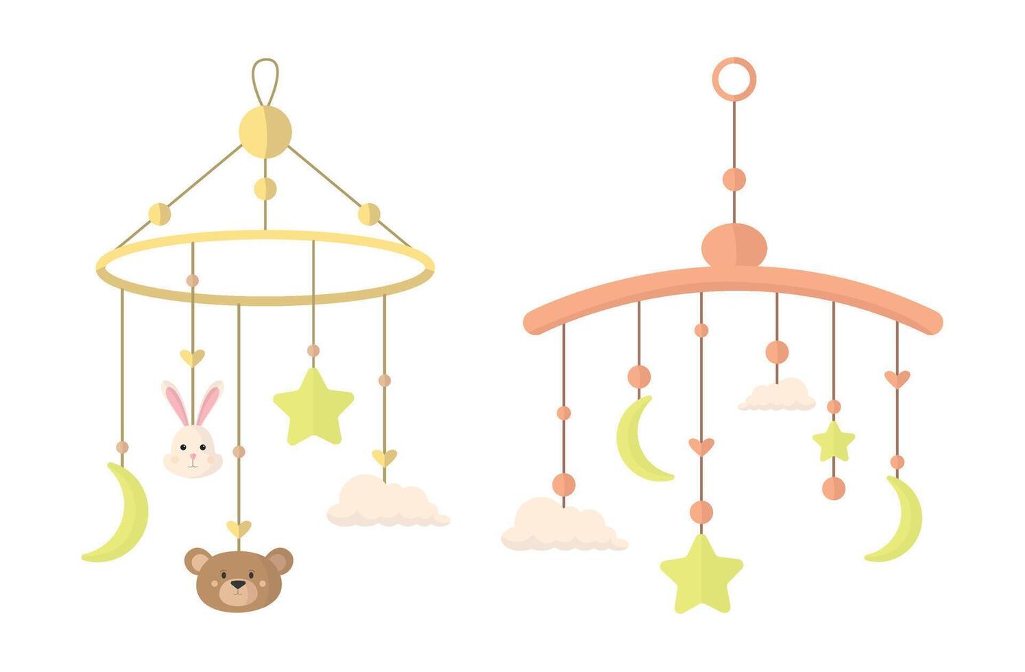 Icons of two children's mobiles on a white background. Toy with decorative elements and animals. vector
