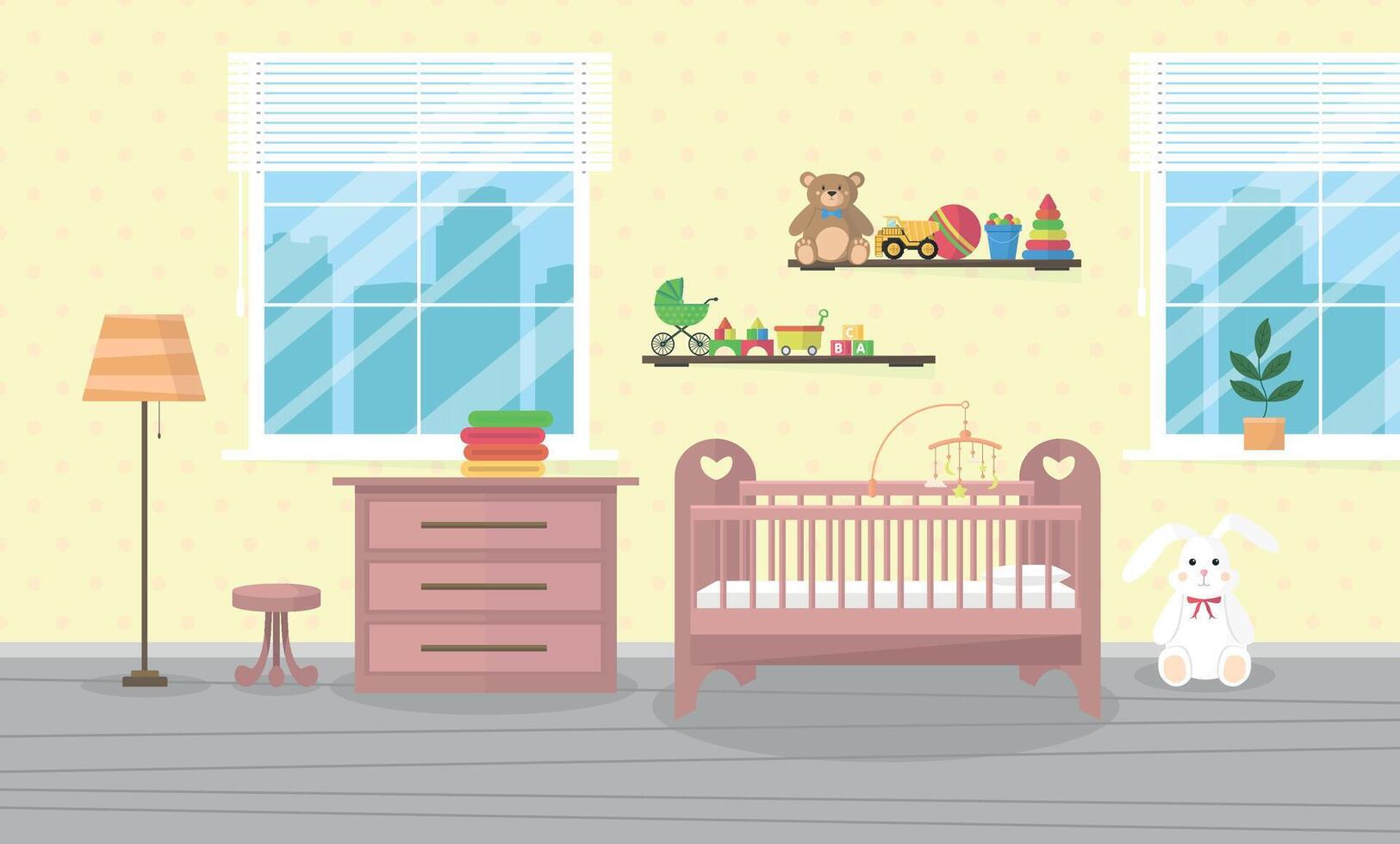 Interior of a children's room with a cot, chest of drawers, toys and other items. Room for a girl. vector