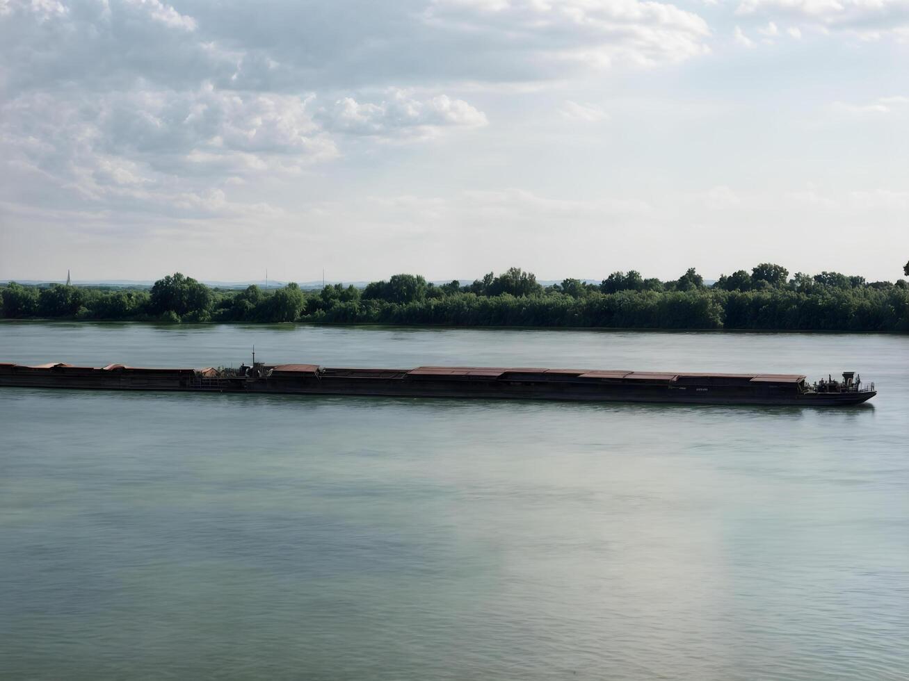 Barge. A large cargo barge moves slowly along a calm river, reflecting in the water. photo