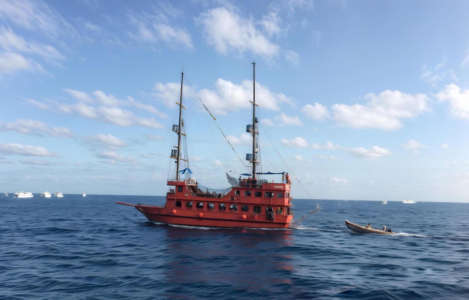 Ship. A bright pirate ship with a red hull and tall masts sails through the blue waters of the sea, leaving waves behind. photo