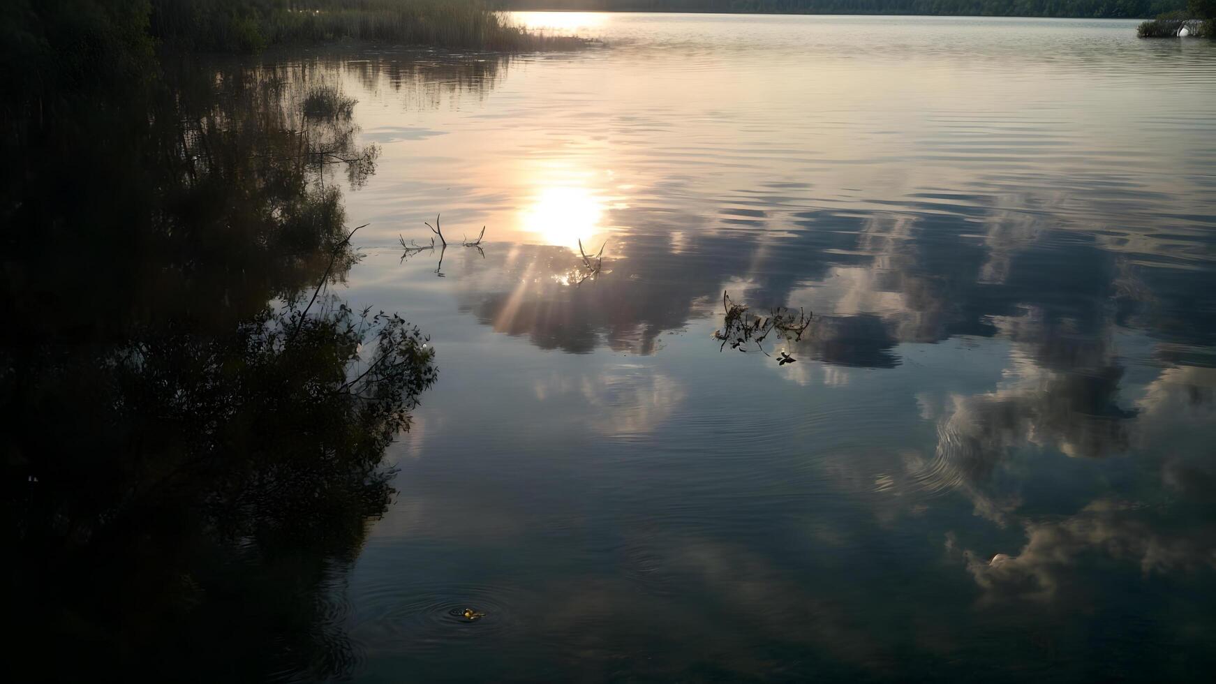 Sunset. A magical sunset over a river, where the last rays of the sun create a golden-pink glow on the water. photo
