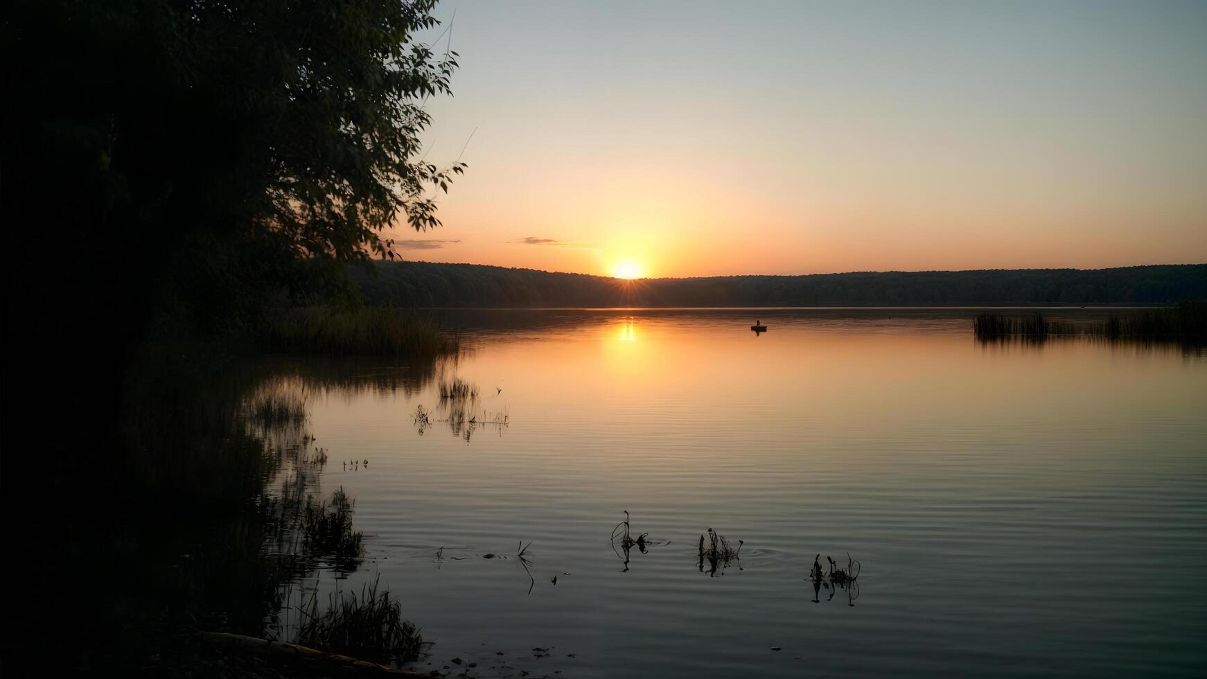 Magical sky. A magical sunset over a river, where the last rays of the sun create a golden-pink glow on the water. photo