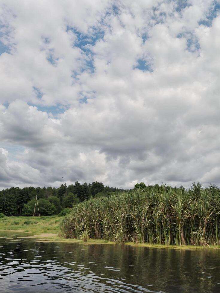 River landscape with thick clouds that hang over the water surface. The calm flow of the river beats the gray sky, photo
