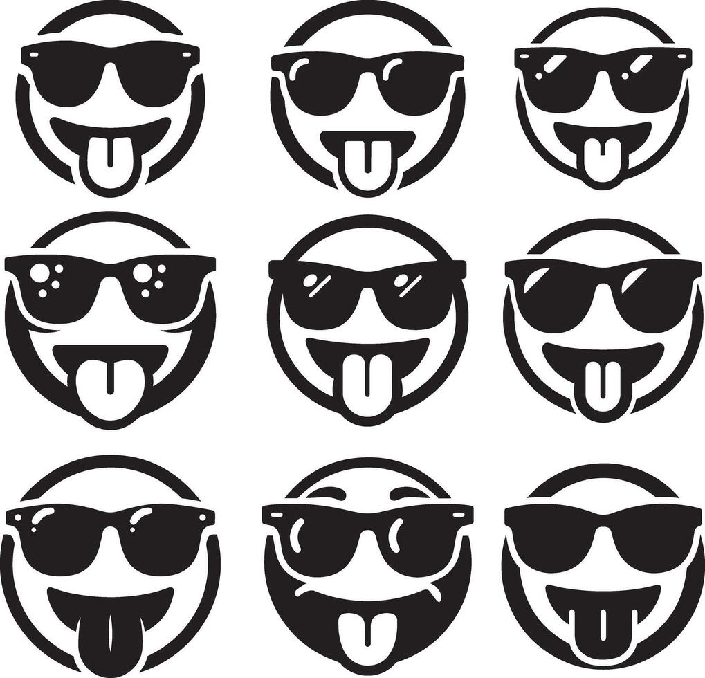 Cool Face Emoji Set with Sunglasses and Tongue Out in Flat Silhouette Design vector