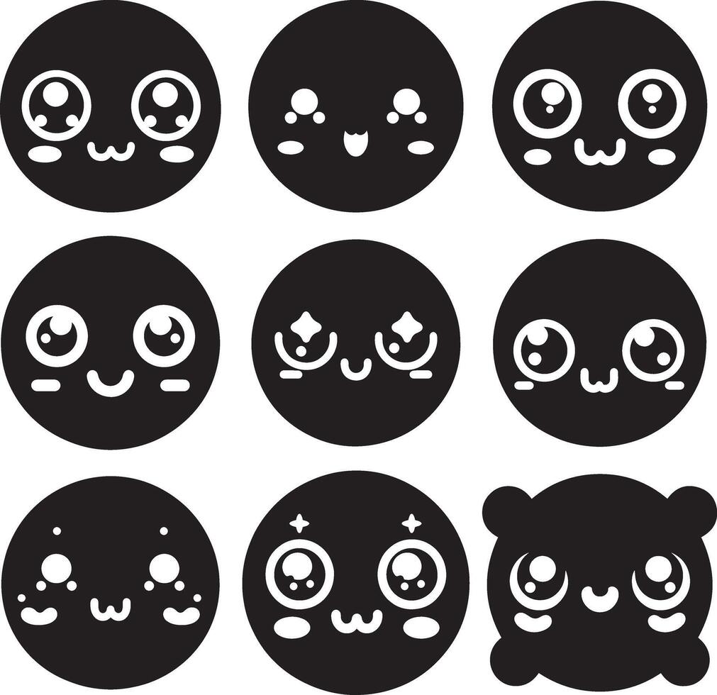Kawaii Face Emoji Set with Round Eyes and Small Cheeks in Silhouette Design vector