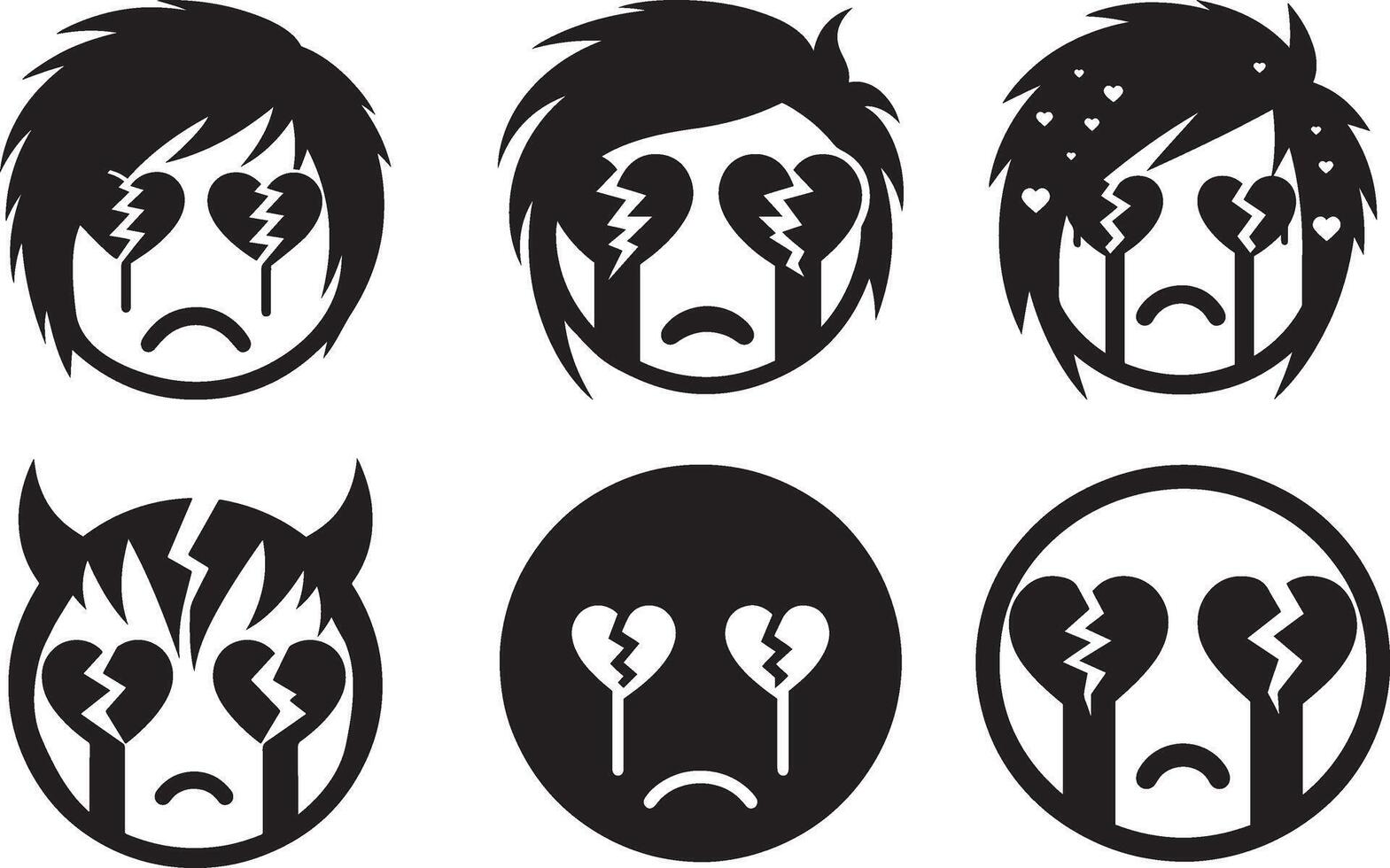 Gothic Face Emoji Set with Broken Hearts in Flat Silhouette Design vector
