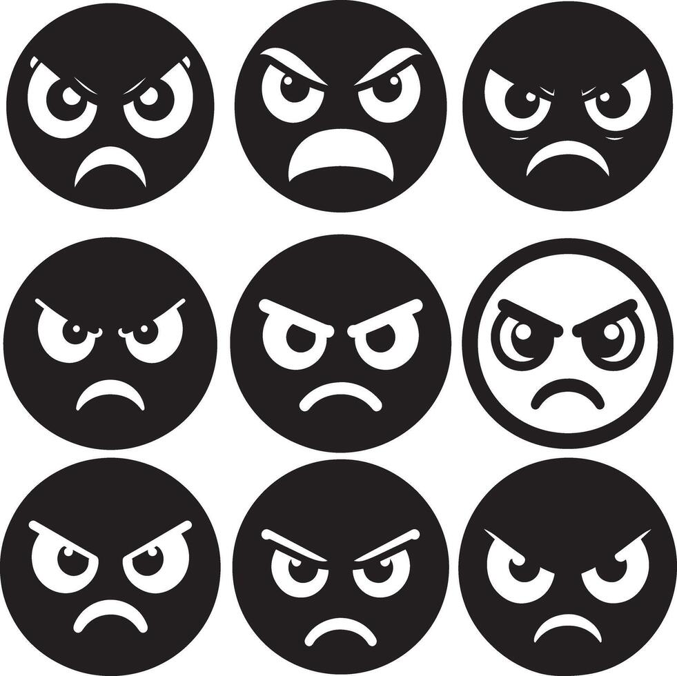 Angry Face Emoji Set with Bold Expressions in Flat Silhouette Design vector