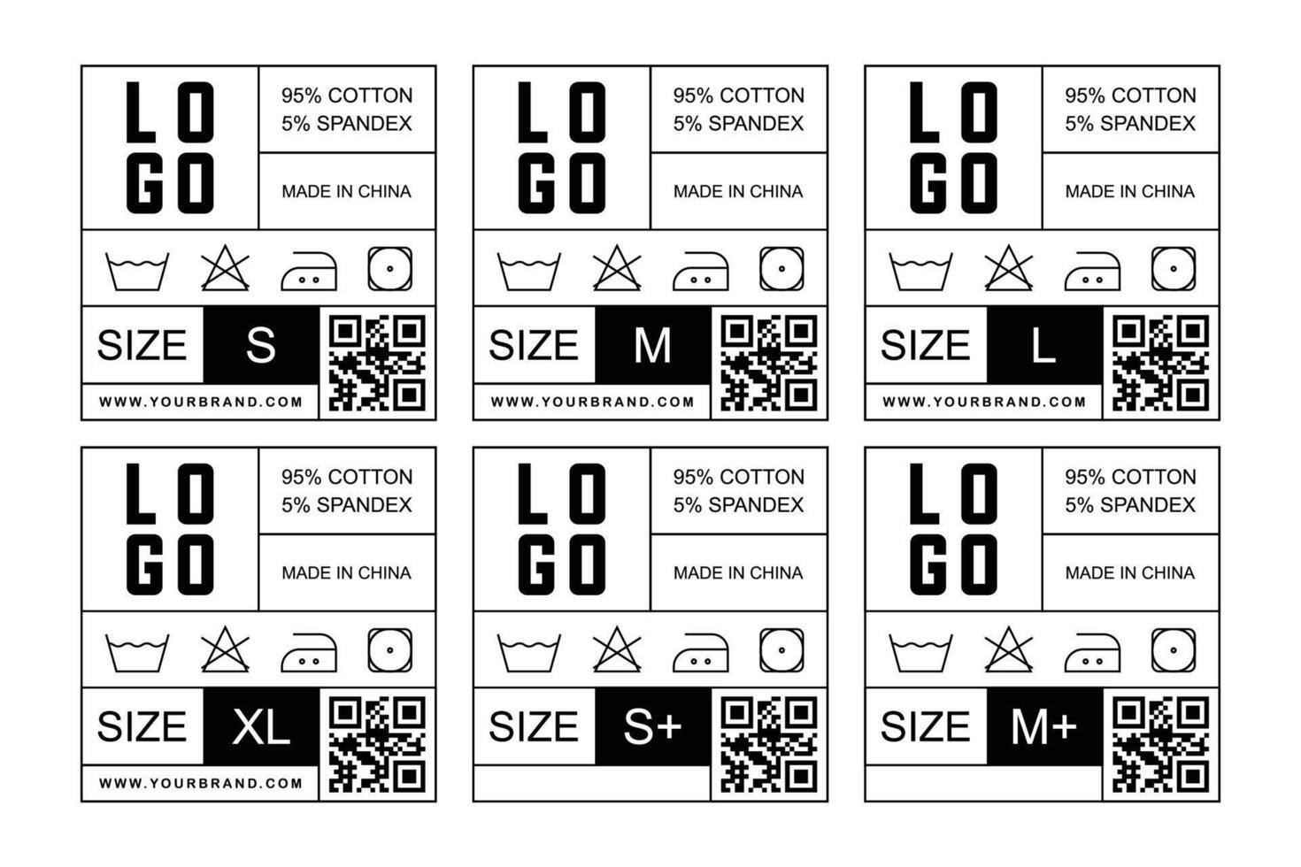 Modern Clothing Tag Template with QR Code, Fabric Info, Care Icons and Size Variants. Printable Fashion Label Design vector