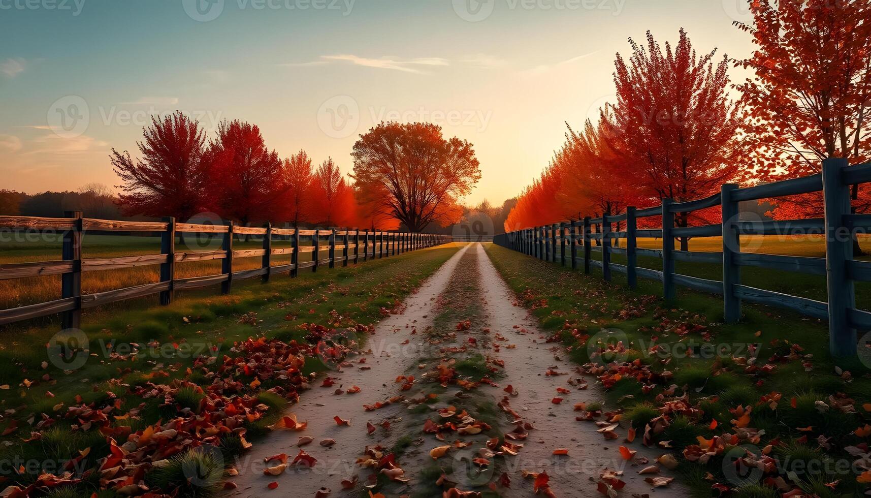 a dirt road between field in autumn lined with maple trees whose leaves are yellow and falling to the ground in sunset photo