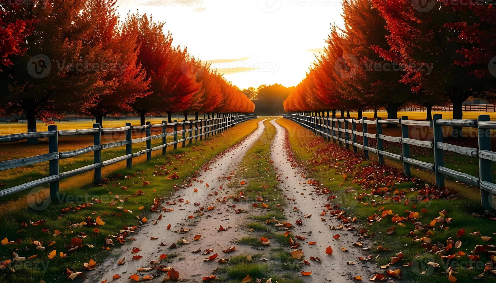 dirt road between fields in autumn lined with maple trees whose leaves are yellow and falling to the ground photo
