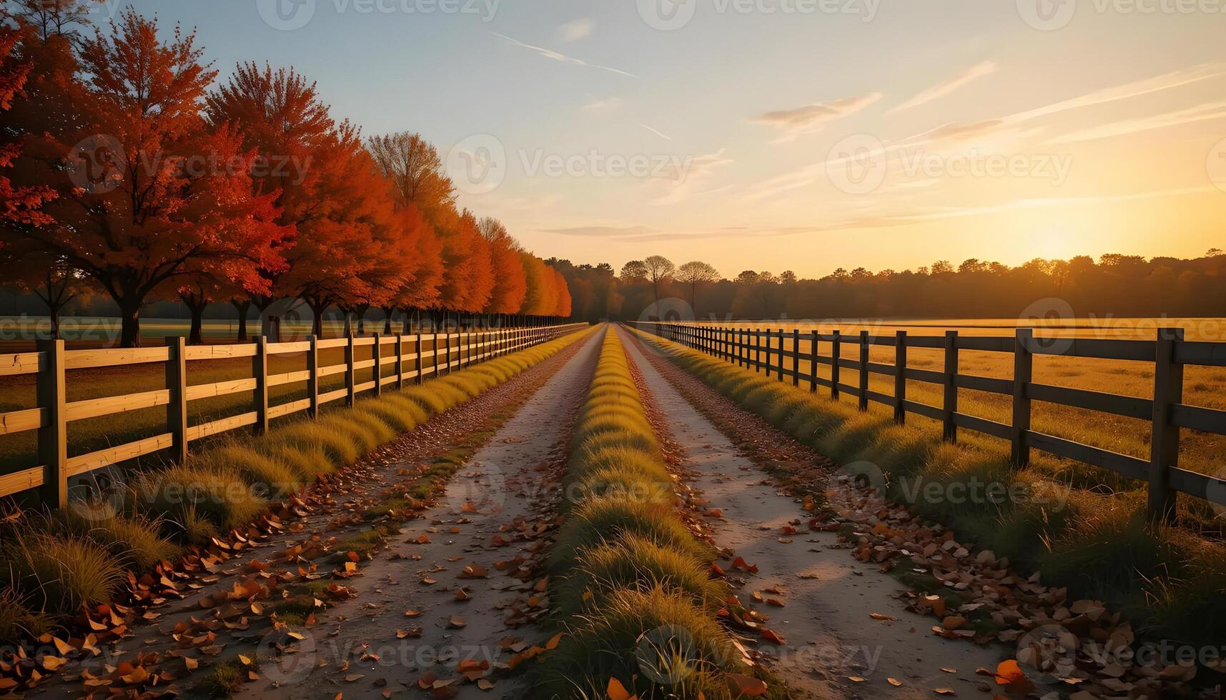 dirt road between fields in autumn lined with maple trees whose leaves are yellow and falling to the ground in sunset photo