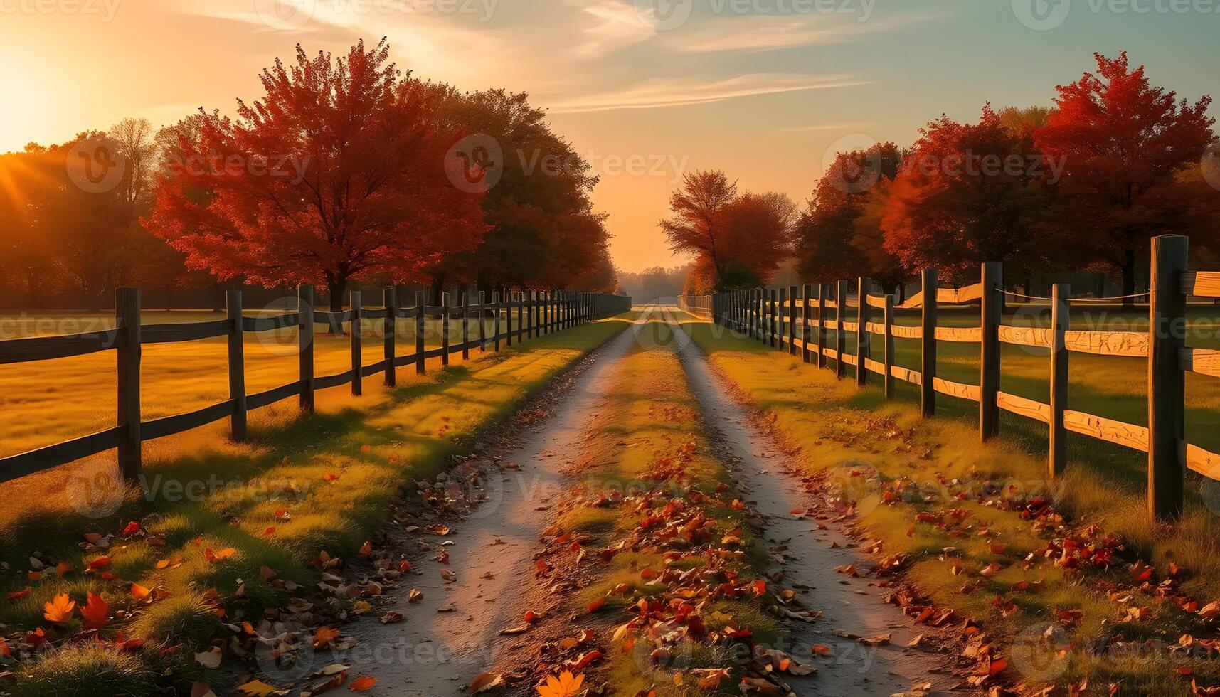 a dirt roads between fields in autumn lined with maple trees whose leaves are yellow and falling to the ground in sunset photo