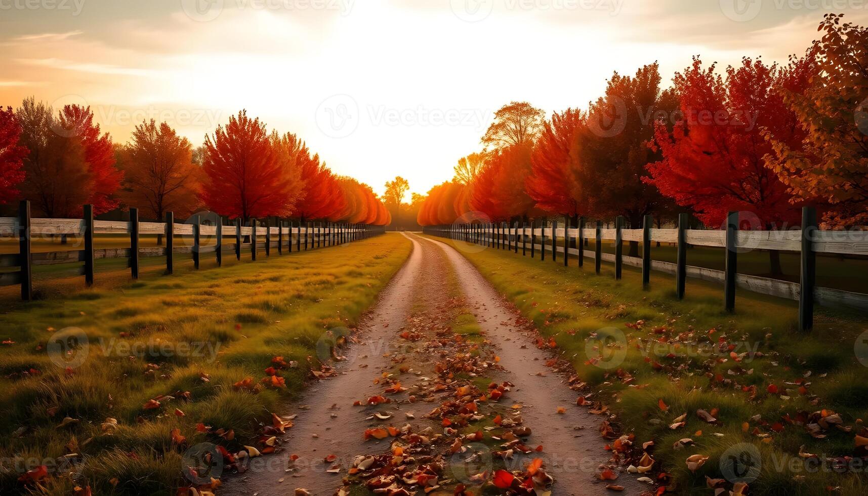 a dirt road between fields in autumn lined with maple trees whose leaves are yellow and falling to the ground in sunset photo