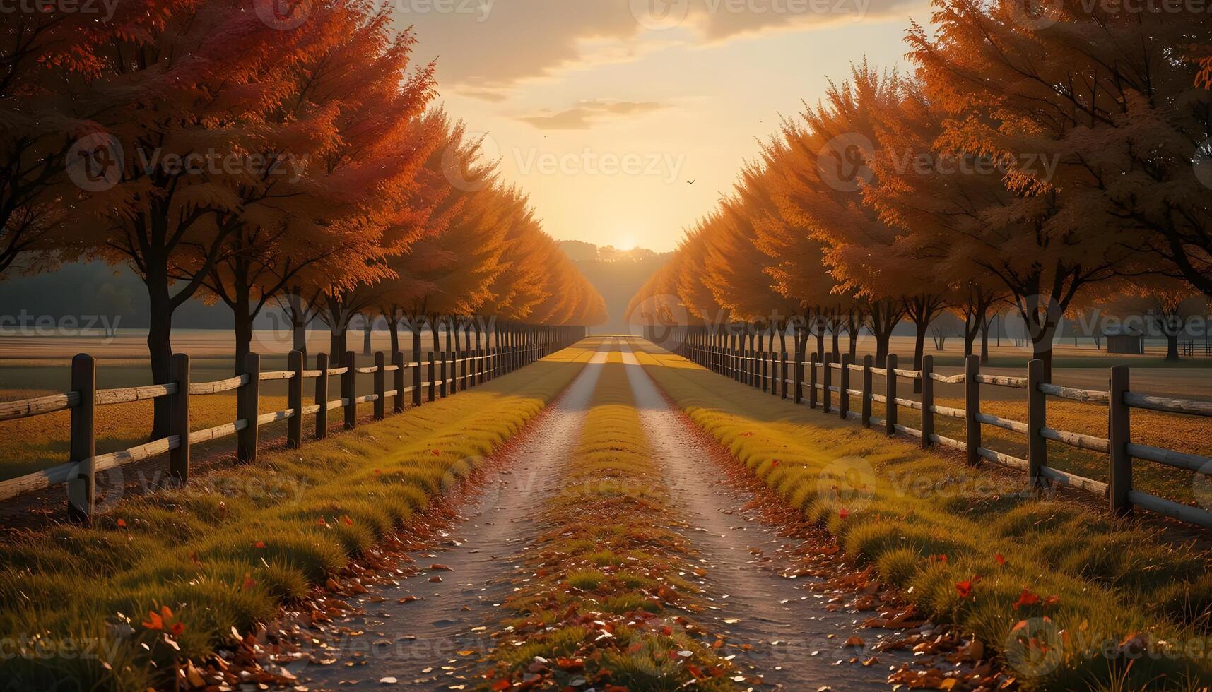 dirt roads between fields in autumn lined with maple trees whose leaves are yellow and falling to the ground photo