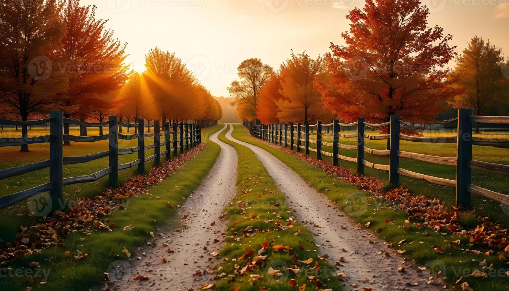 dirt roads between fields in autumn lined with maple trees whose leaves are yellow and falling to the ground in sunset photo