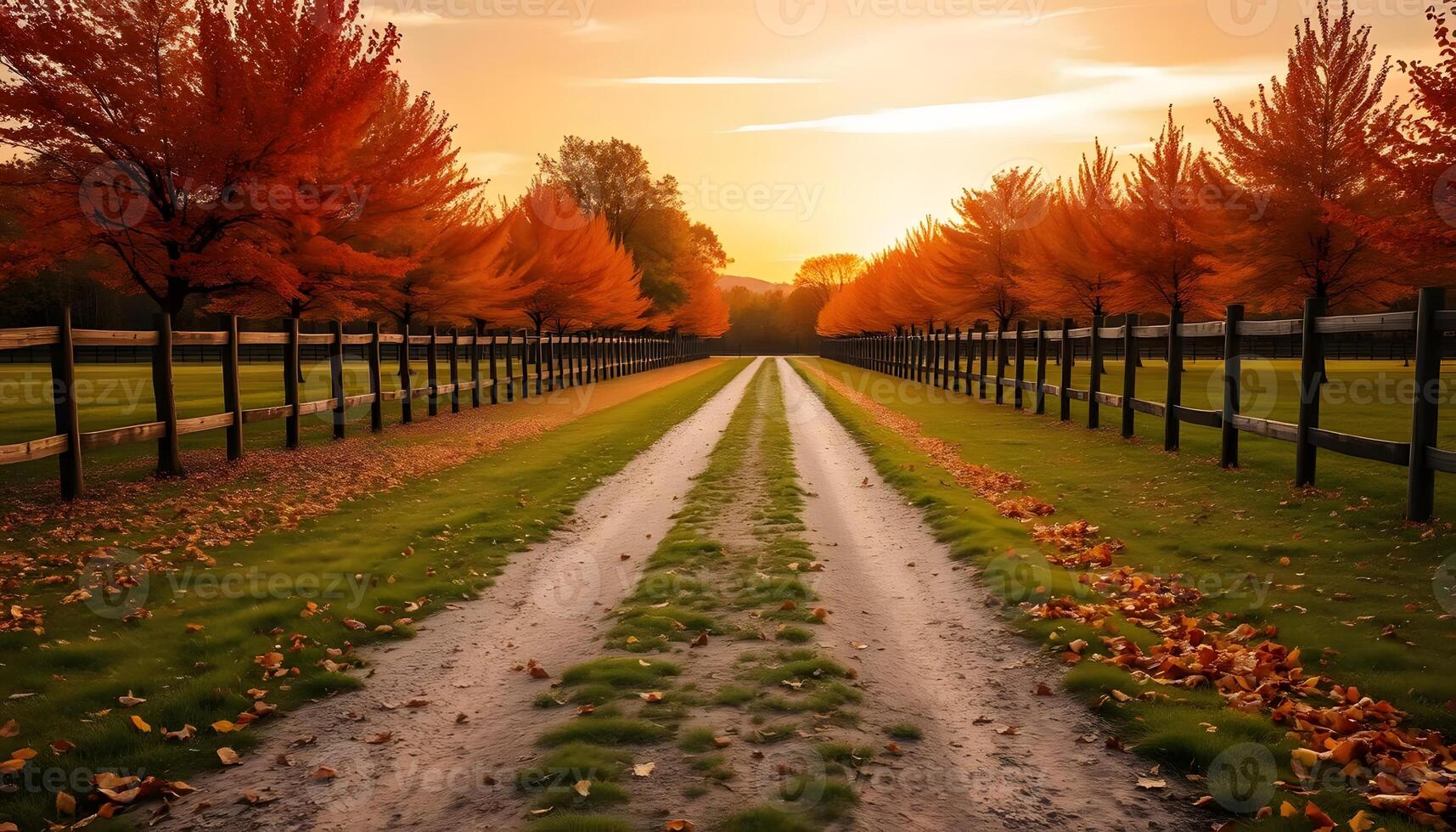 dirt roads between field in autumn lined with maple trees whose leaves are yellow and falling to the ground photo