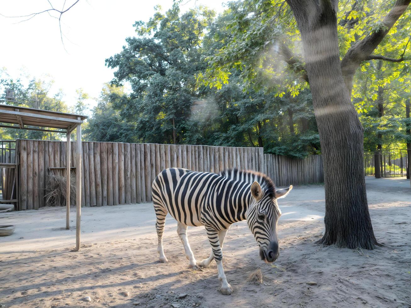 A zebra in a zoo walks near a large tree, showing off its contrasting black and white stripes. photo