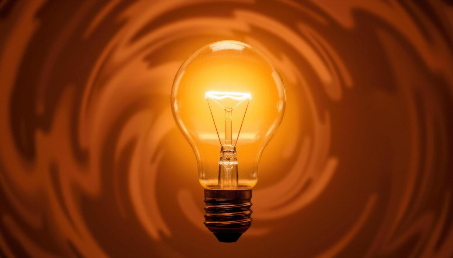 glowing light bulb emits warm orange glow, creating cozy atmosphere. swirling background enhances light brilliance, evoking sense of warmth and photo