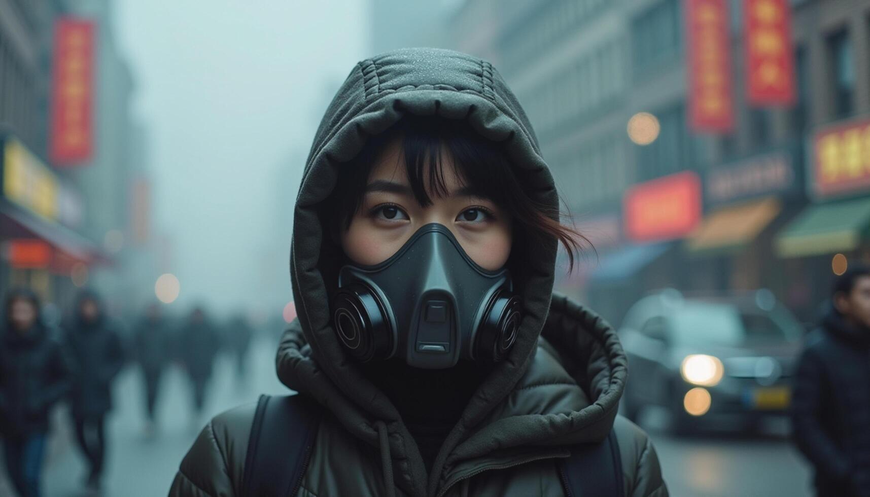 woman wearing gas mask and hood stands in foggy urban environment, conveying sense of urgency and concern photo