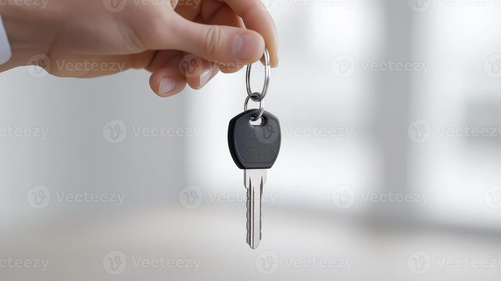 Close-up of a hand holding a single car key against a soft-focused background, symbolizing security, ownership, or new beginnings. Ideal for automotive, real estate, or travel-related concepts. photo