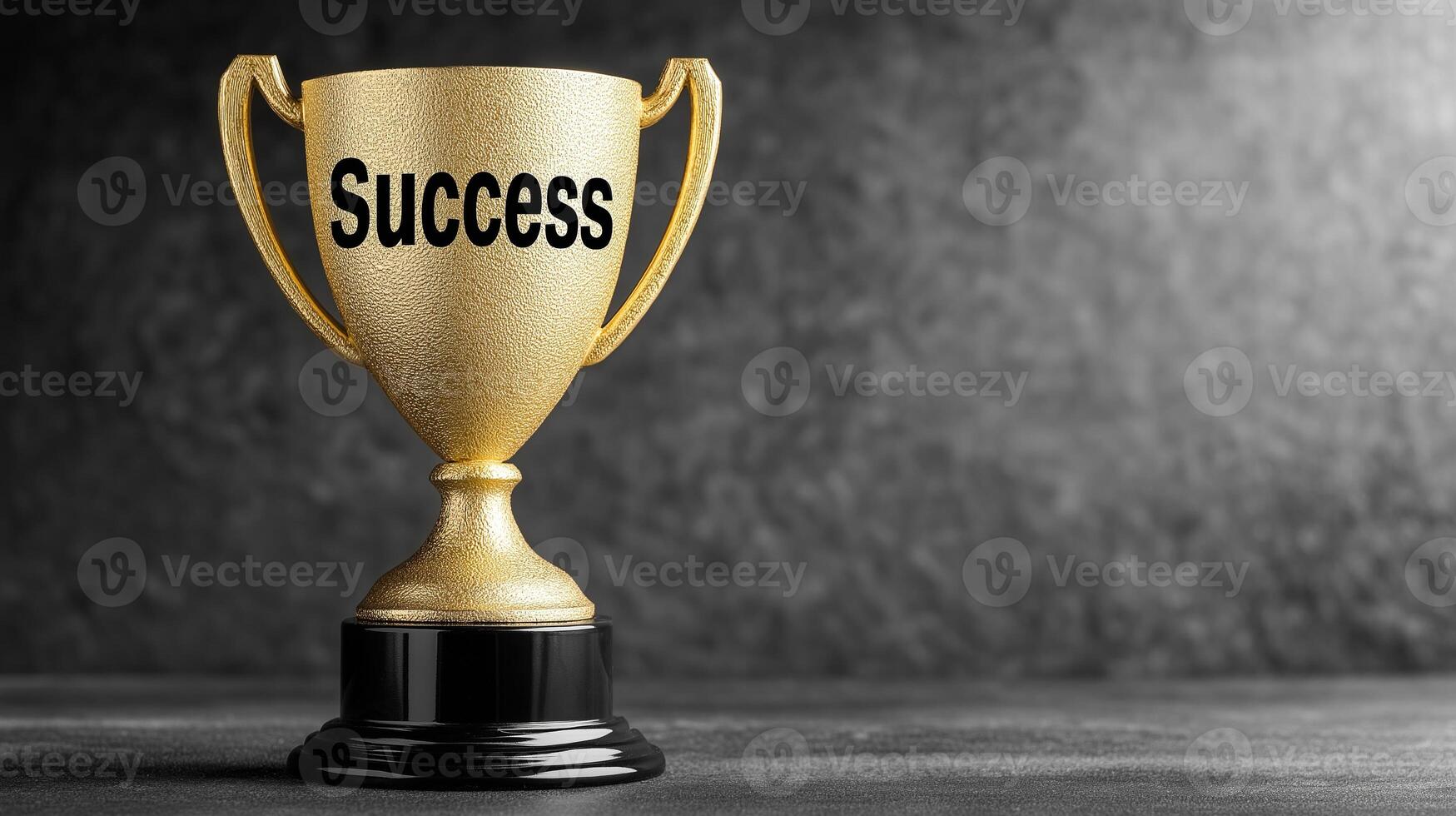 Trophy with Success engraved on a plaque, symbolizing achievement and victory. Positioned prominently on a dark surface, highlighting the concept of accomplishment. photo