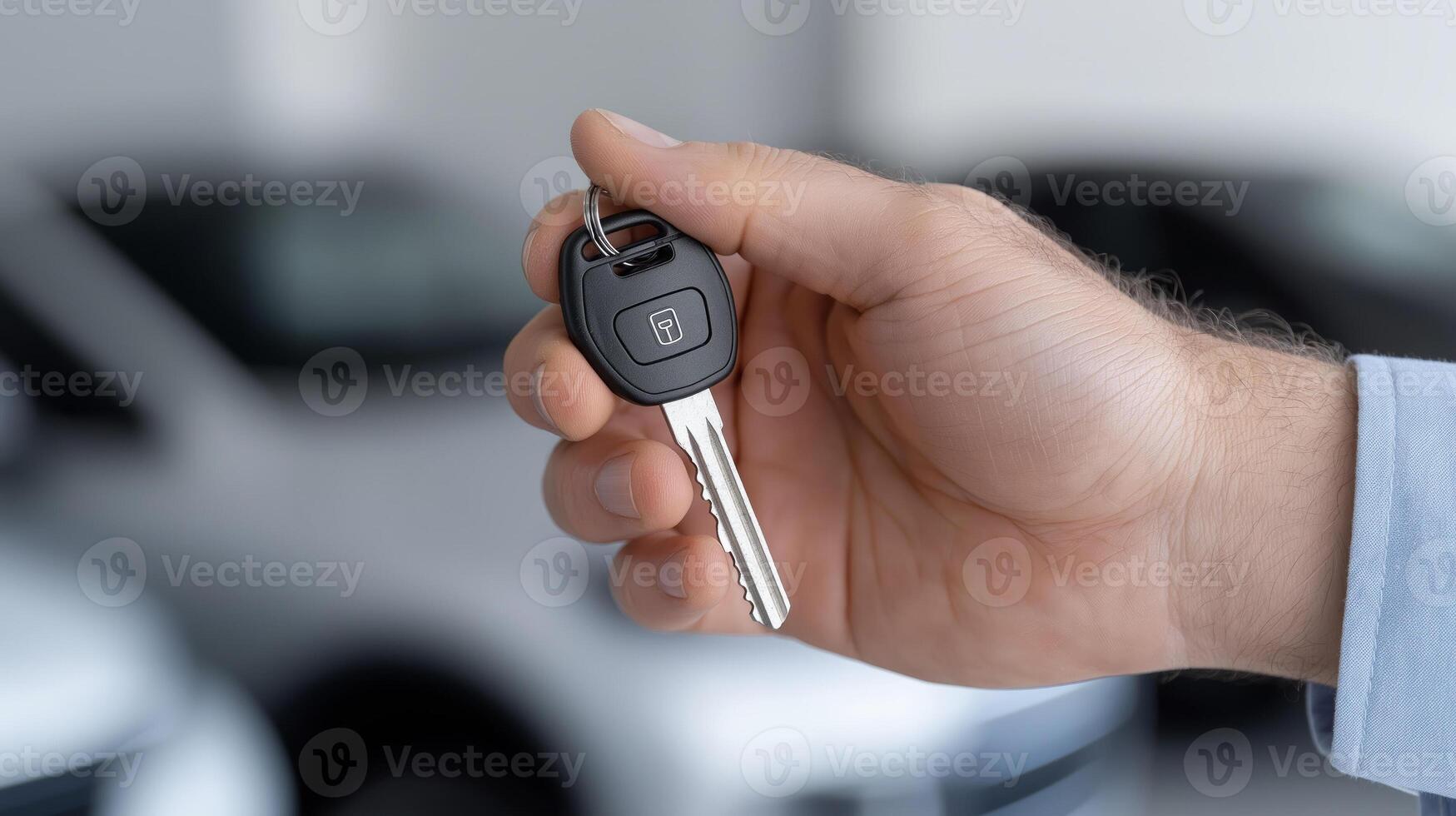 Close-up image of a hand holding a car key inside an auto dealership, suggesting vehicle purchase or rental. The background features out-of-focus cars, indicating a showroom environment. photo