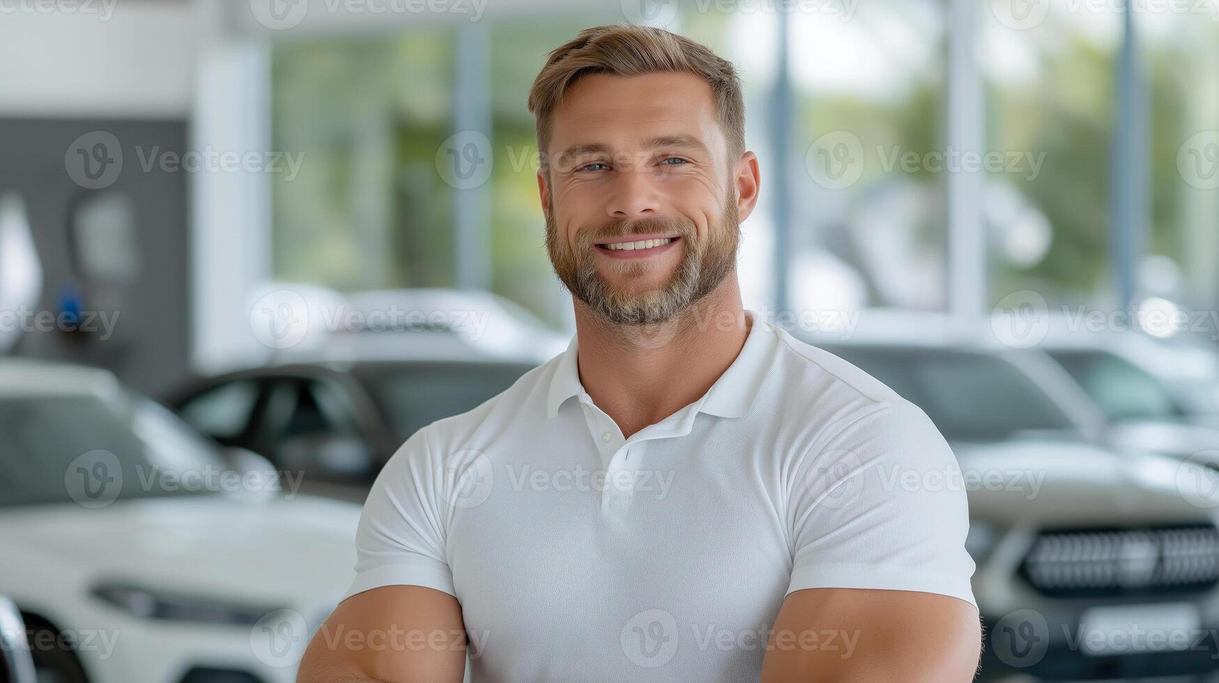 Male car salesman in white polo shirt standing with arms crossed smiling against new cars background. Concept of selling, renting or insuring new cars. photo