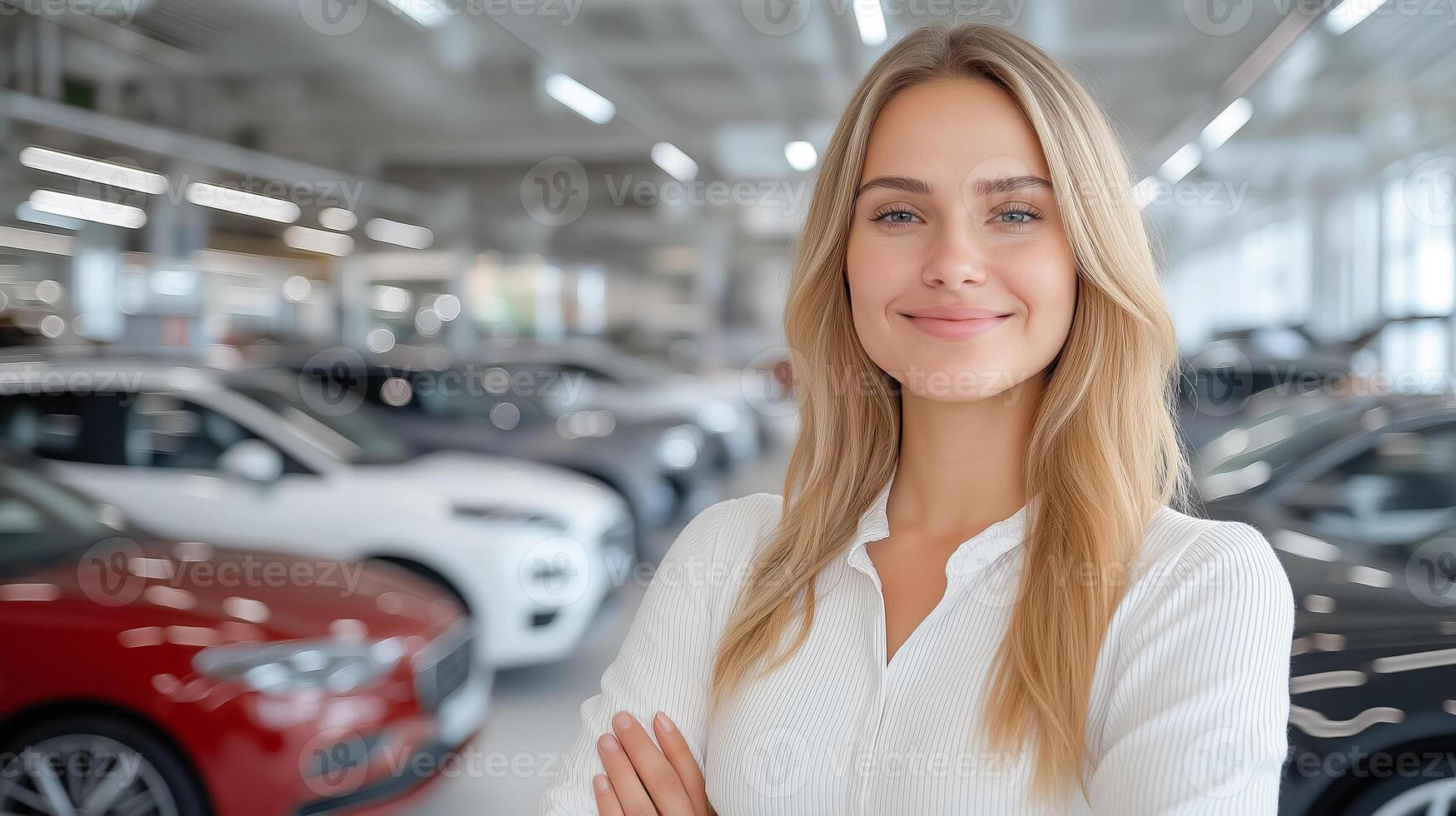 Girl car saleswoman stands with arms crossed smiling against the background of new cars. Concept of selling or insuring new cars. photo