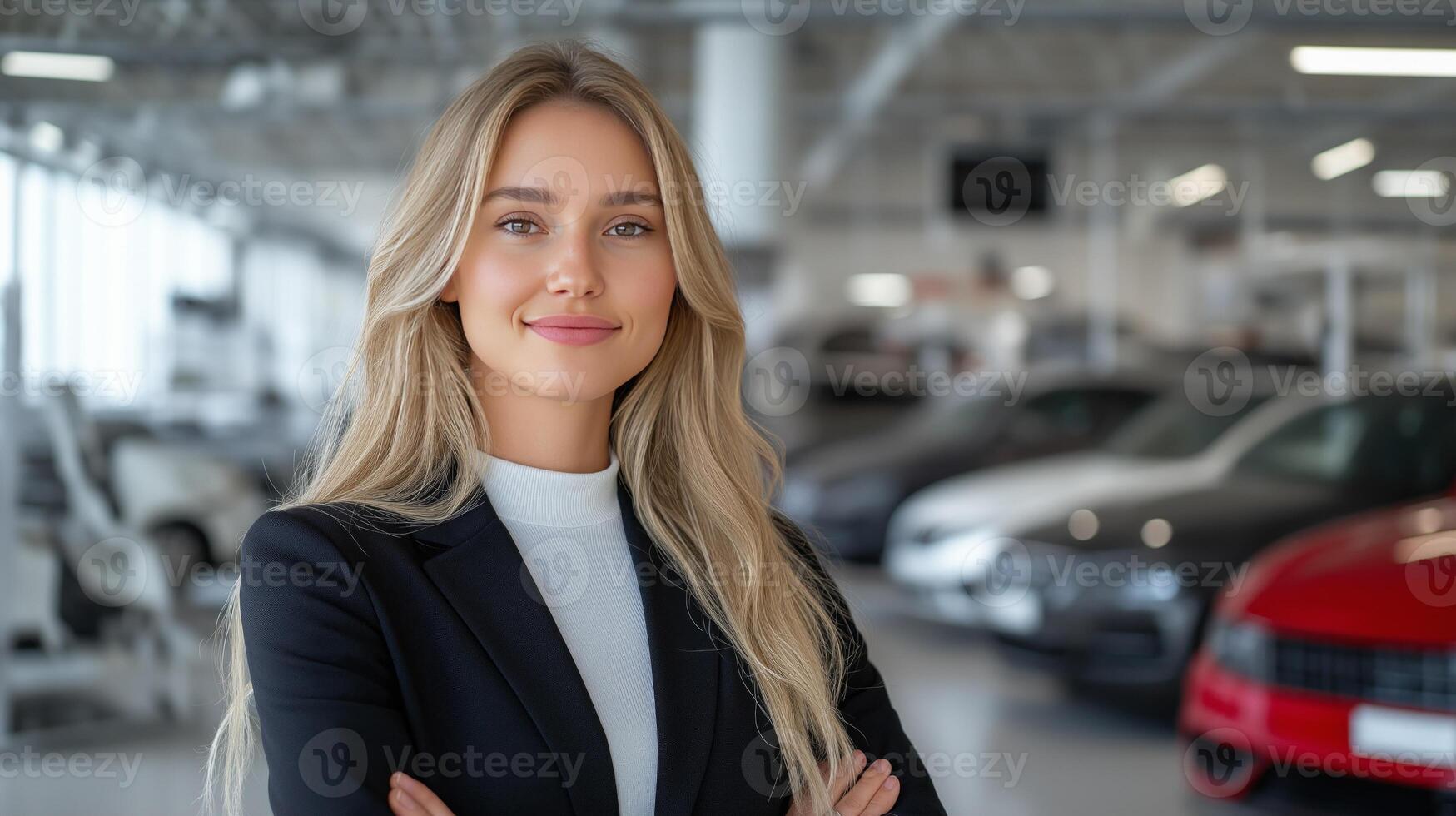 Girl car saleswoman stands with arms crossed smiling against the background of new cars. Concept of selling, renting or insuring cars. photo