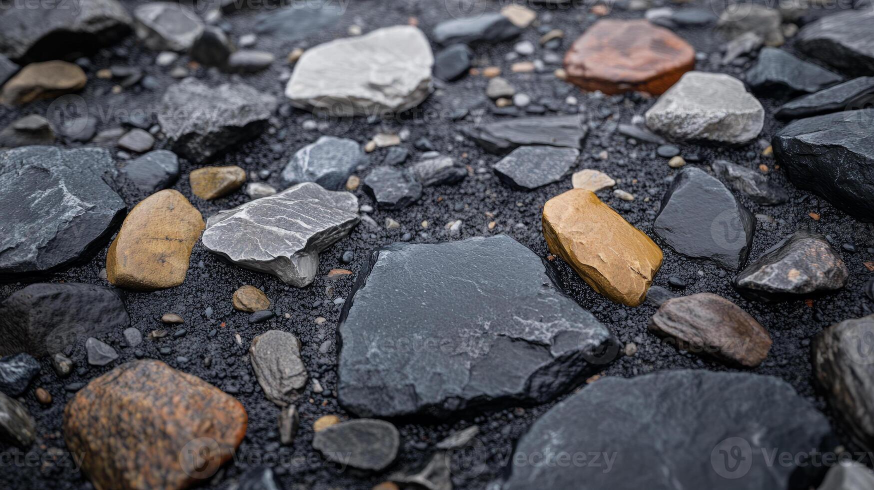 Close-up image of assorted stones with diverse colors and textures scattered on a wet, textured surface. The image highlights the natural variety found in stone formations. photo