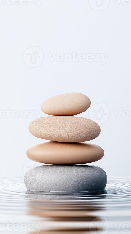 Stack of smooth stones balanced atop each other on calm water, creating ripples. The image symbolizes balance, peace, and tranquility. Perfect for wellness concepts. photo