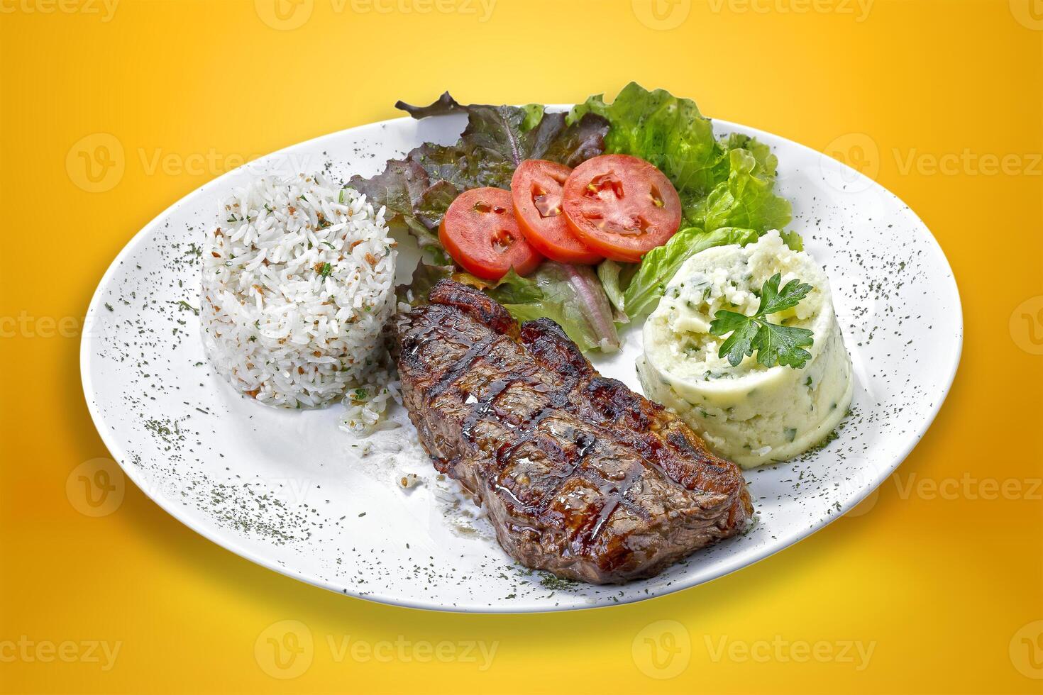 Beef steak with potatoes and rice in isolated white background. photo