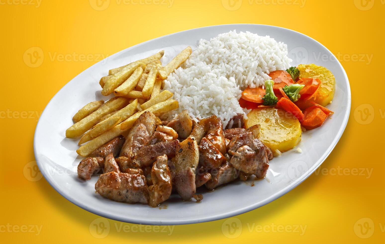 pork with rice and potatoes. photo