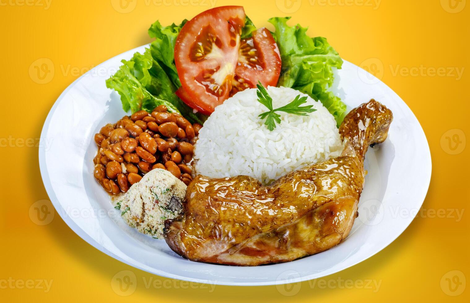Rice, beans, roast chicken, salad and farofa photo