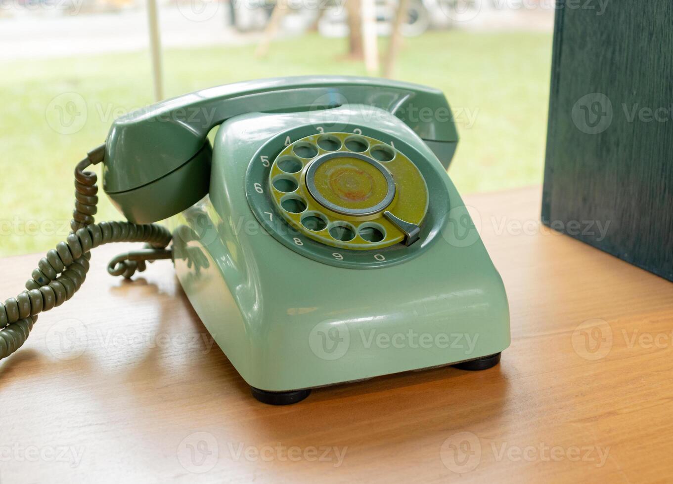 Retro green telephone with garden background. After edits. photo