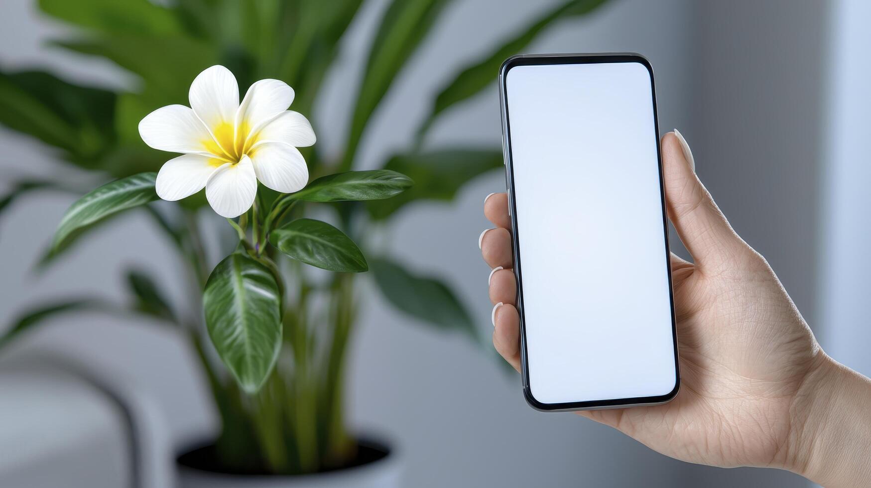 Hand Holding Smartphone Near White Flowering Plant in Bright Indoor Setting photo