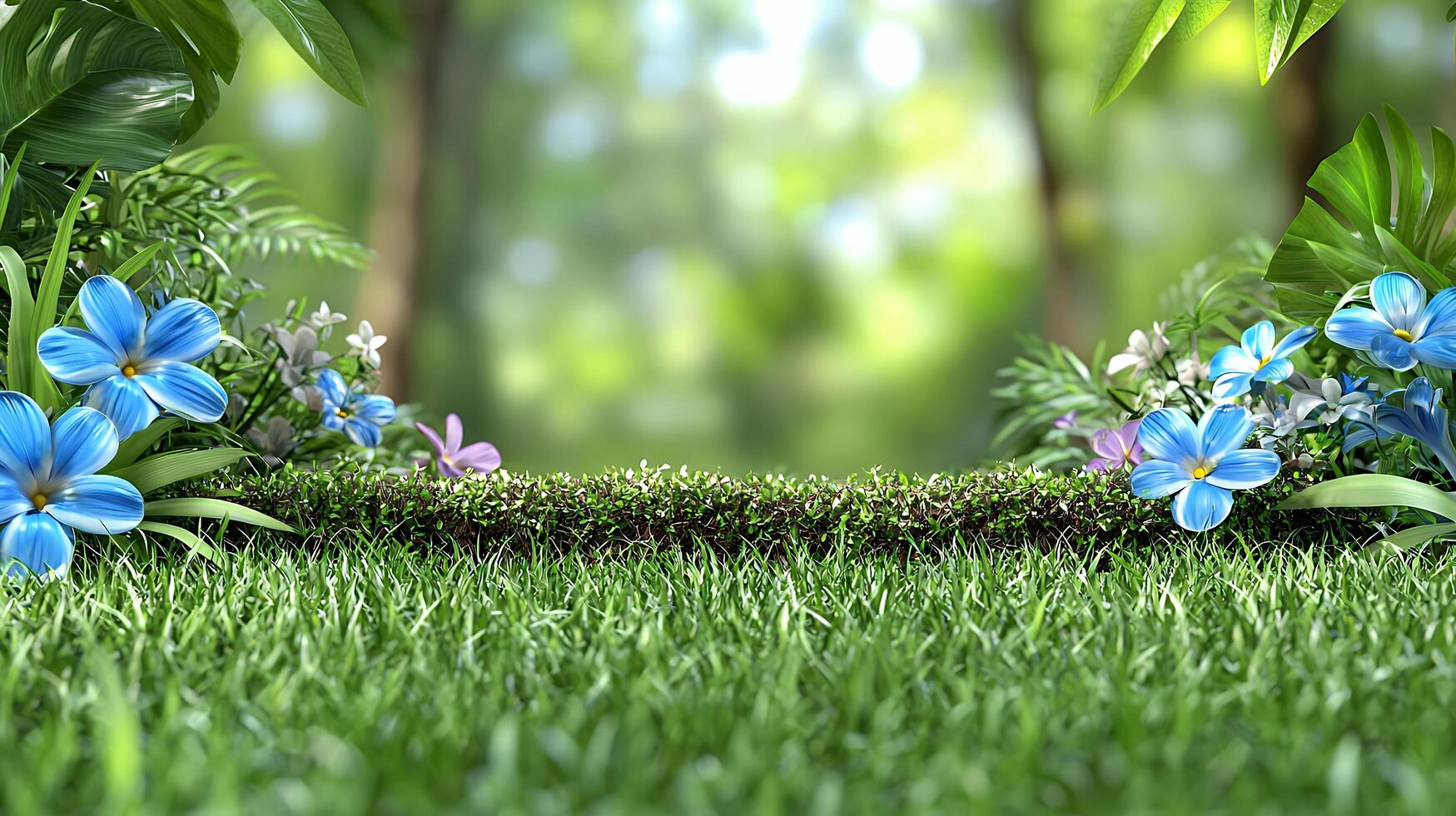 Vibrant Wildflower Garden with Blue Orchids and Lush Green Grass Under Soft Natural Light photo