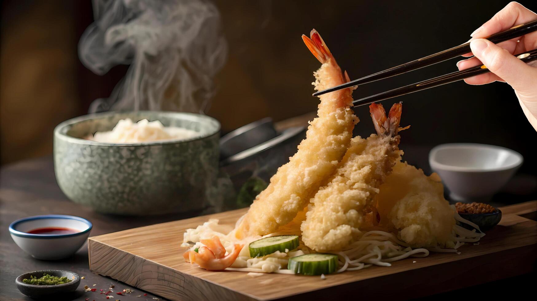 Tempura Shrimp with Rice and Noodles photo
