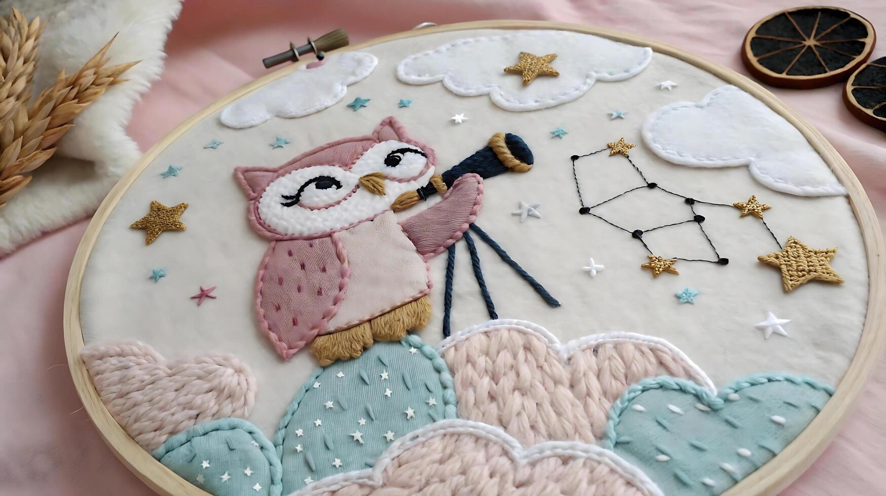 Embroidered owl using telescope with constellation and stars photo