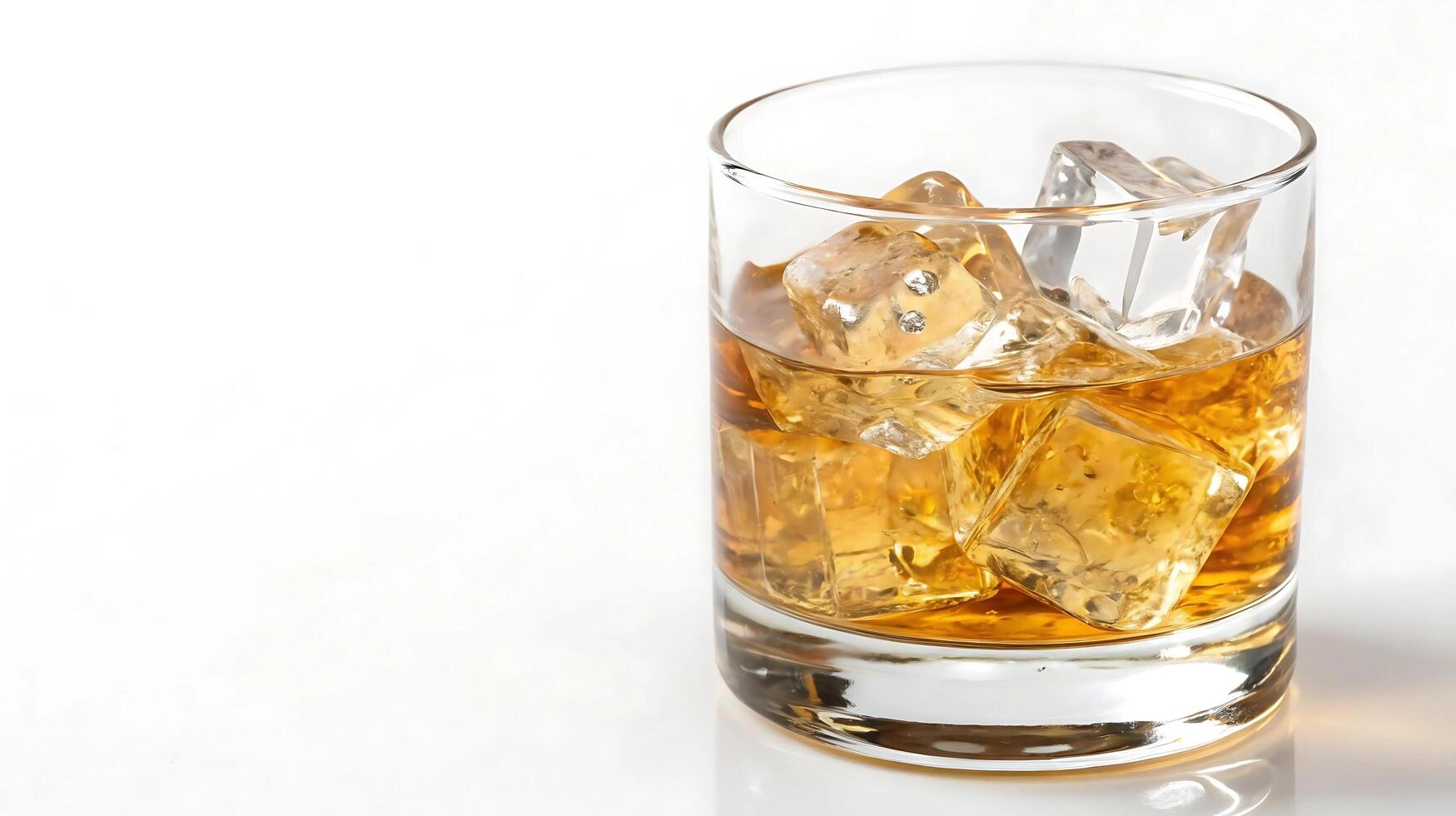 Glass of whiskey with ice cubes on bright white background, photo