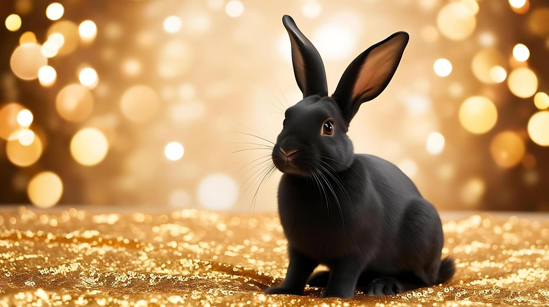 Cute black rabbit sitting on glittering gold surface with bokeh background photo
